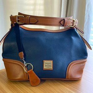 Dooney & Bourke navy pebble and camel leather shoulder bag with outside pocket